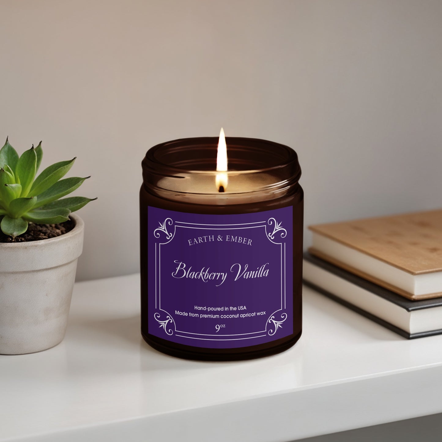 Blackberry Vanilla scented candle 9oz in amber jar with sweet berry and creamy vanilla aroma and clean burn.