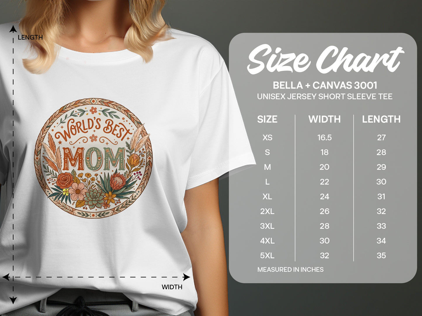 Unisex t-shirt size chart showing measurements and fit guide for Small to 3XL, helping choose the perfect size.