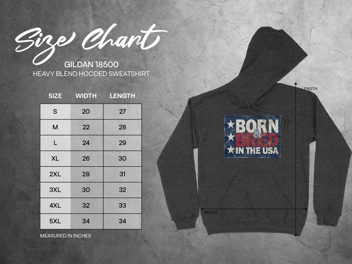 Size chart for Born & Bred in the USA Hoodie showing S–3XL measurements in inches, including chest width and body length.