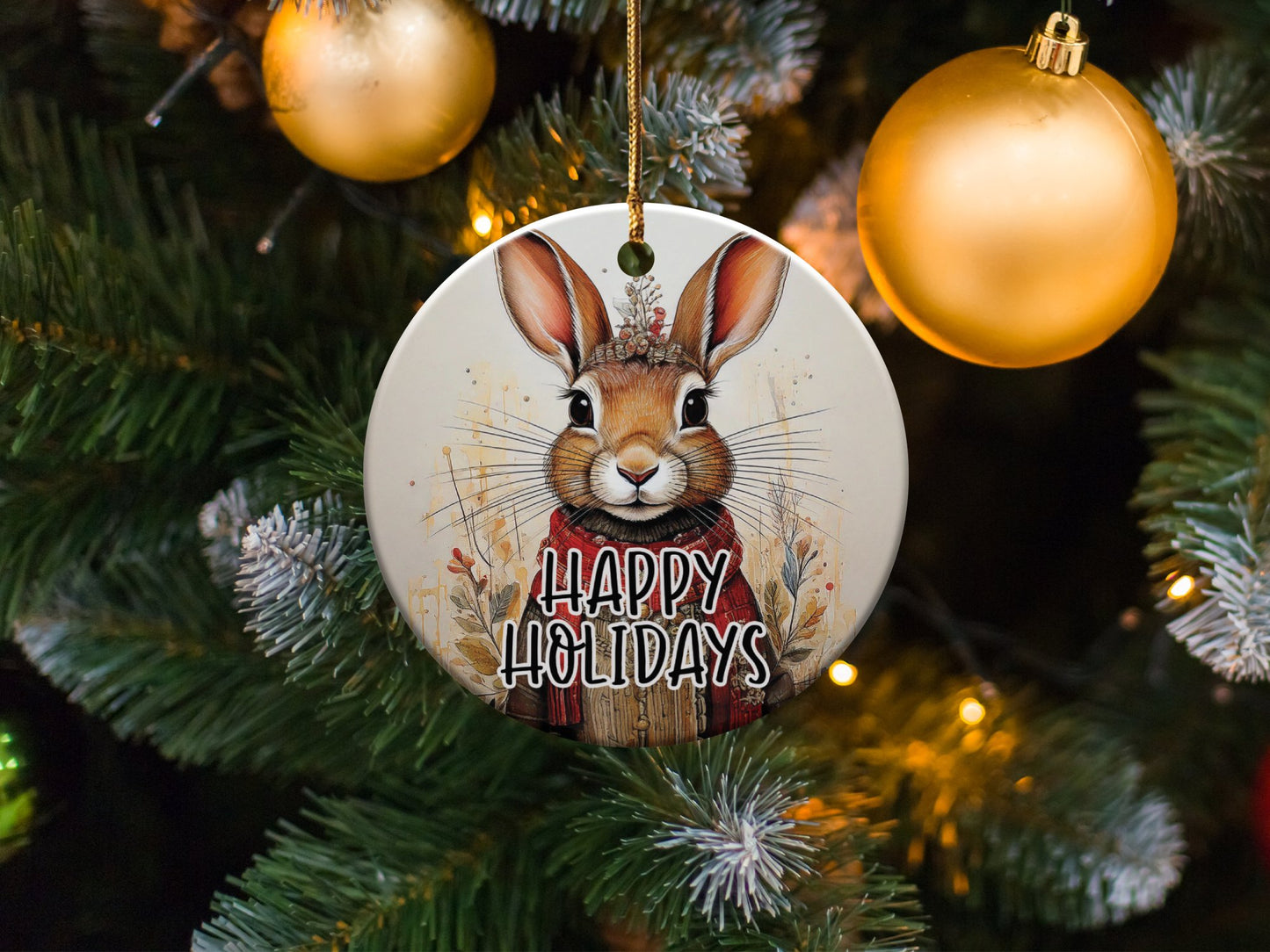 Round 3-inch ceramic ornament with adorable bunny and seasonal greeting for holiday cheer
