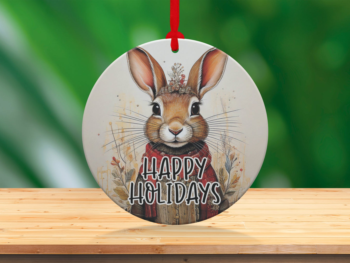 3.6-inch aluminium holiday ornament featuring a cute bunny and Christmas greeting