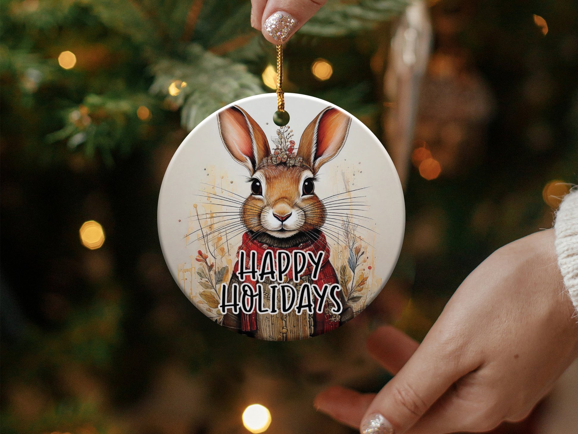 Cute ceramic Christmas ornament with bunny and Happy Holidays text, ideal for festive decor