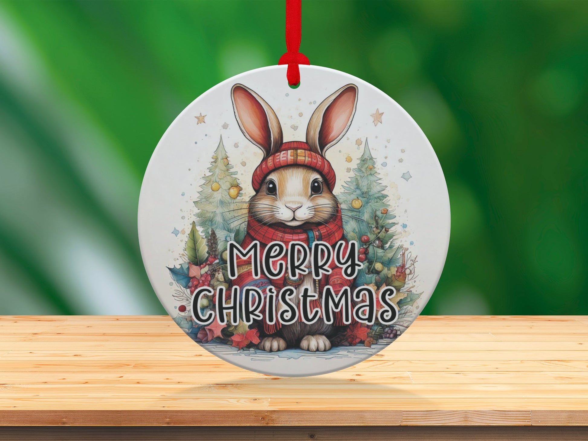 3.6-inch aluminium Christmas ornament featuring a unique illustrated bunny in holiday scene
