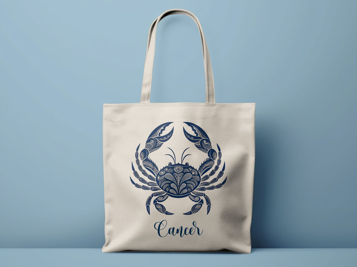 Natural Cancer tote bag, mirrored astrological crab symbol and colour-matched handles.