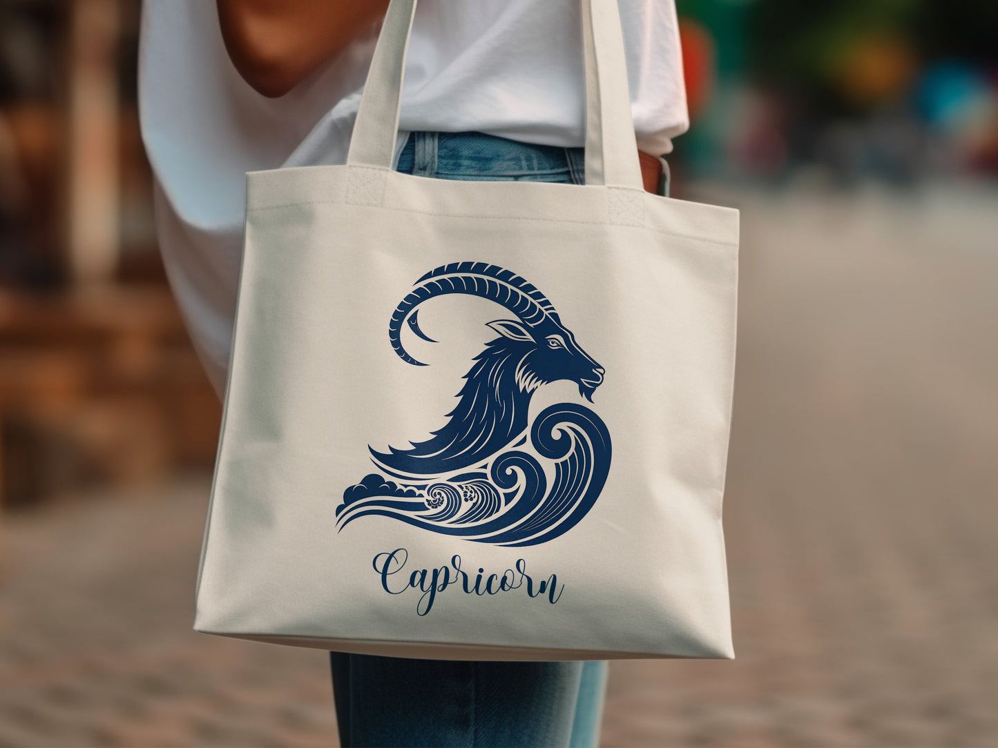 Cotton Capricorn tote bag with casual feel, strong handles, and grounded star sign print.