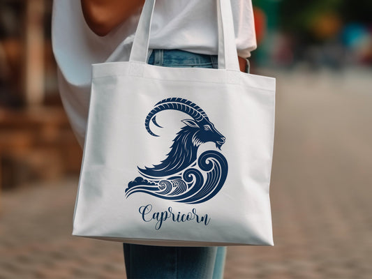 Capricorn cotton tote bag with earth-toned zodiac style and durable stitched handles.