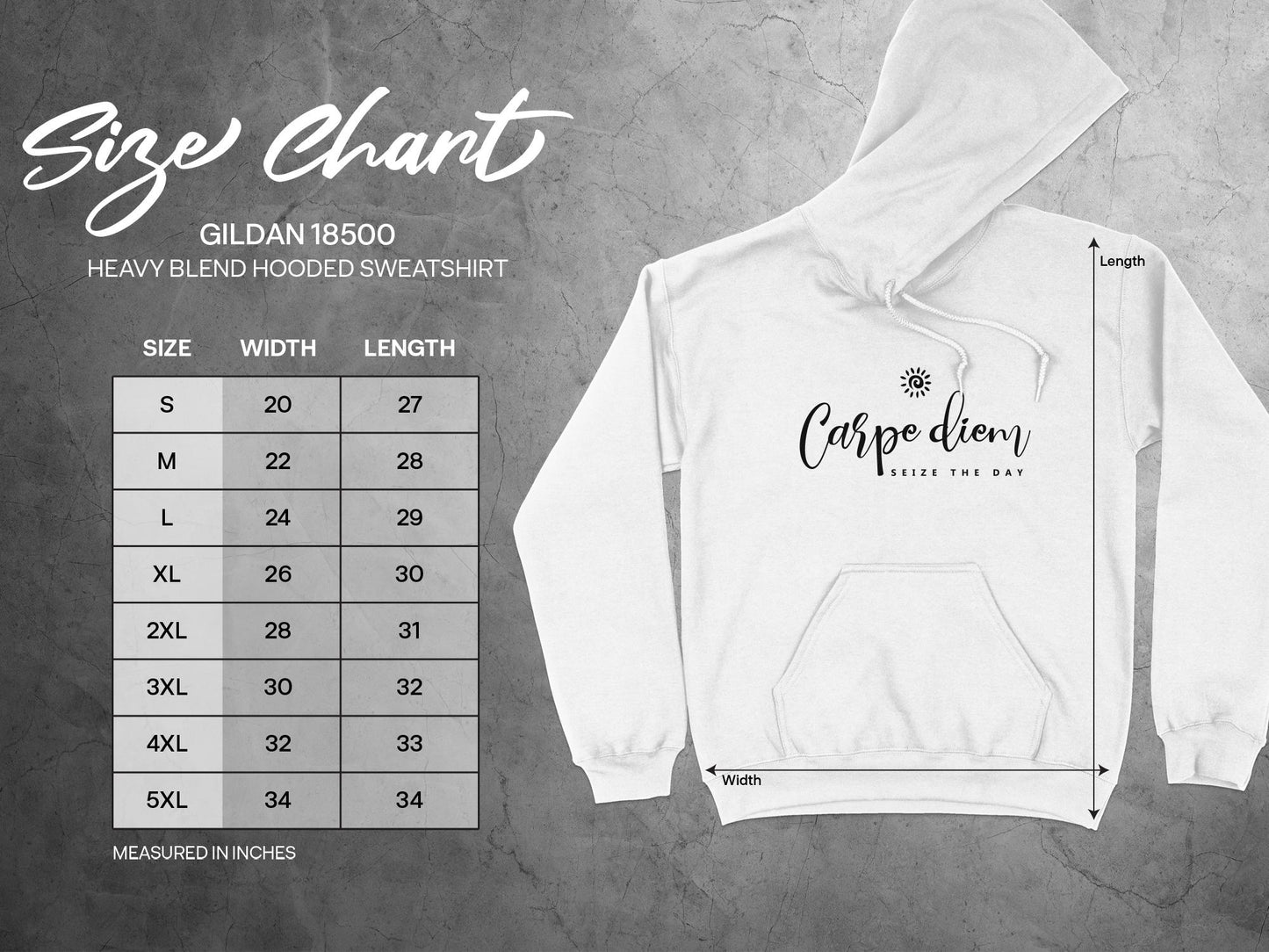 Size chart for Carpe Diem Hoodie showing unisex fit measurements from Small to 3XL for accurate sizing guidance.