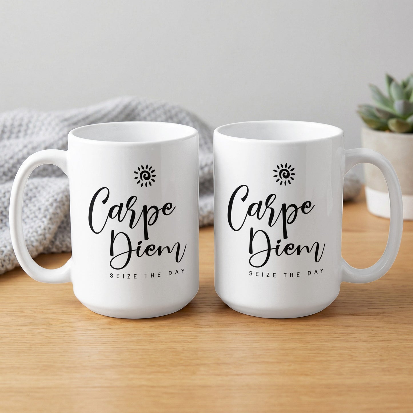 Two 15oz Carpe Diem Mugs featuring matching black script, Seize the Day lettering and spiral sun icons.