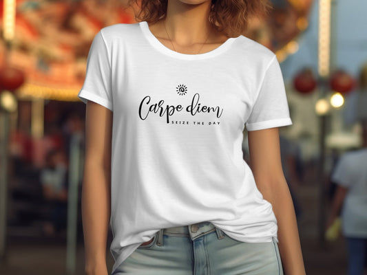 Carpe Diem Seize the Day shirt in white. Soft cotton crew neck tee with short sleeves, perfect for daily wear