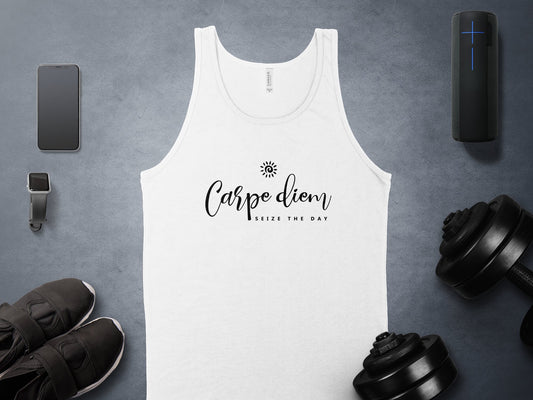 White Carpe Diem Tank Top with sleeveless design and scoop neck, perfect for embracing the moment and seizing the day.