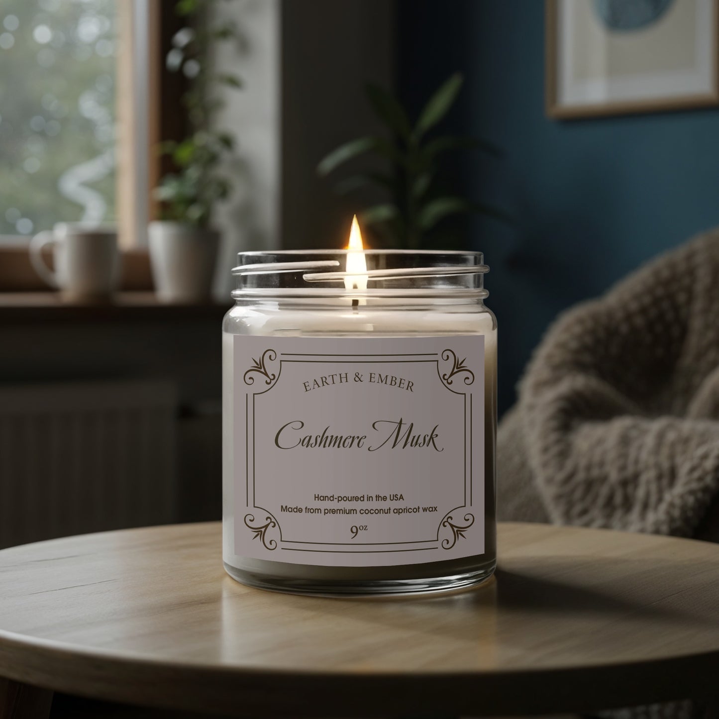 Cashmere Musk scented candle with natural wax softly glowing, creating cozy, inviting ambient lighting.