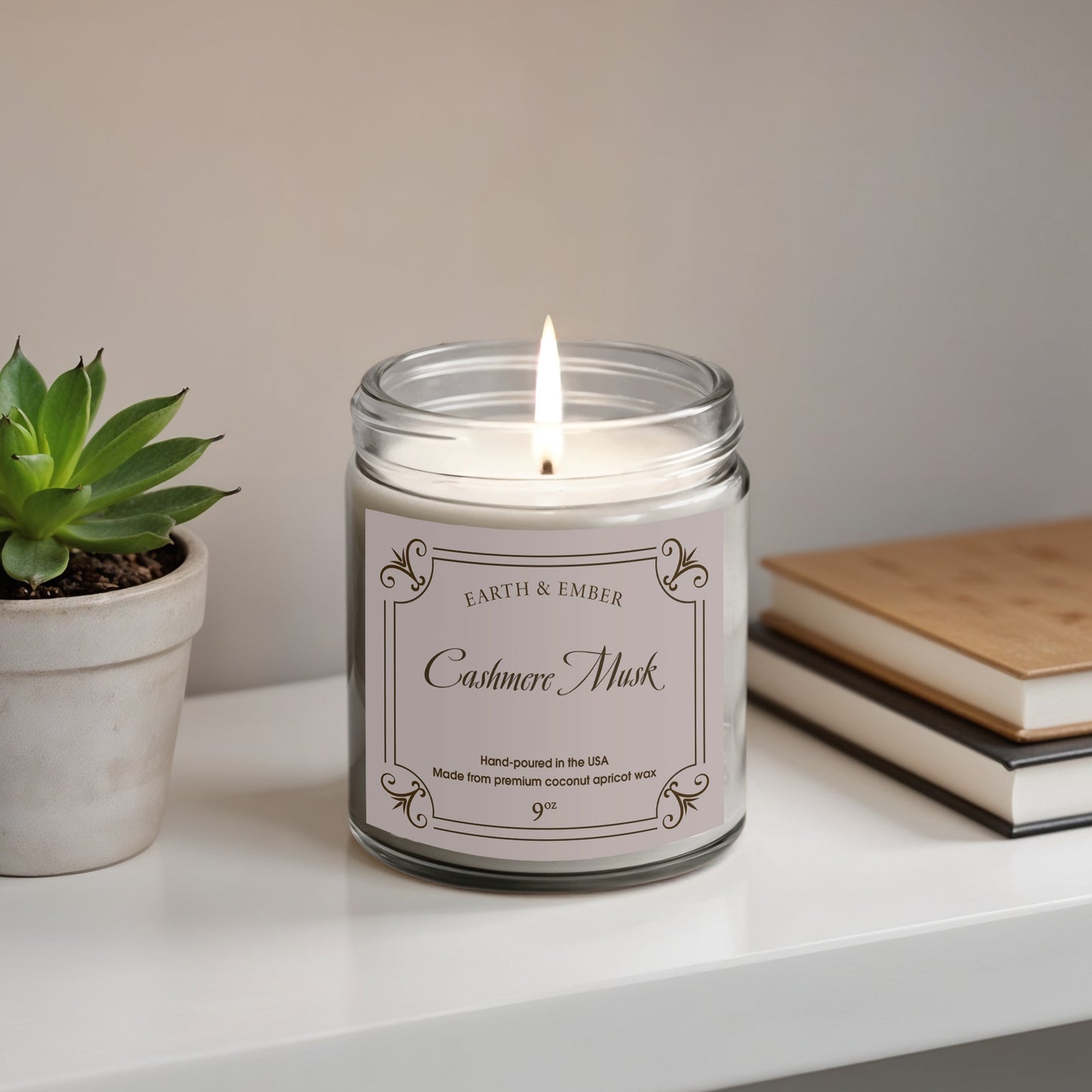 Cashmere Musk scented candle styled as sophisticated home decor, adding warm and luxurious fragrant ambiance.