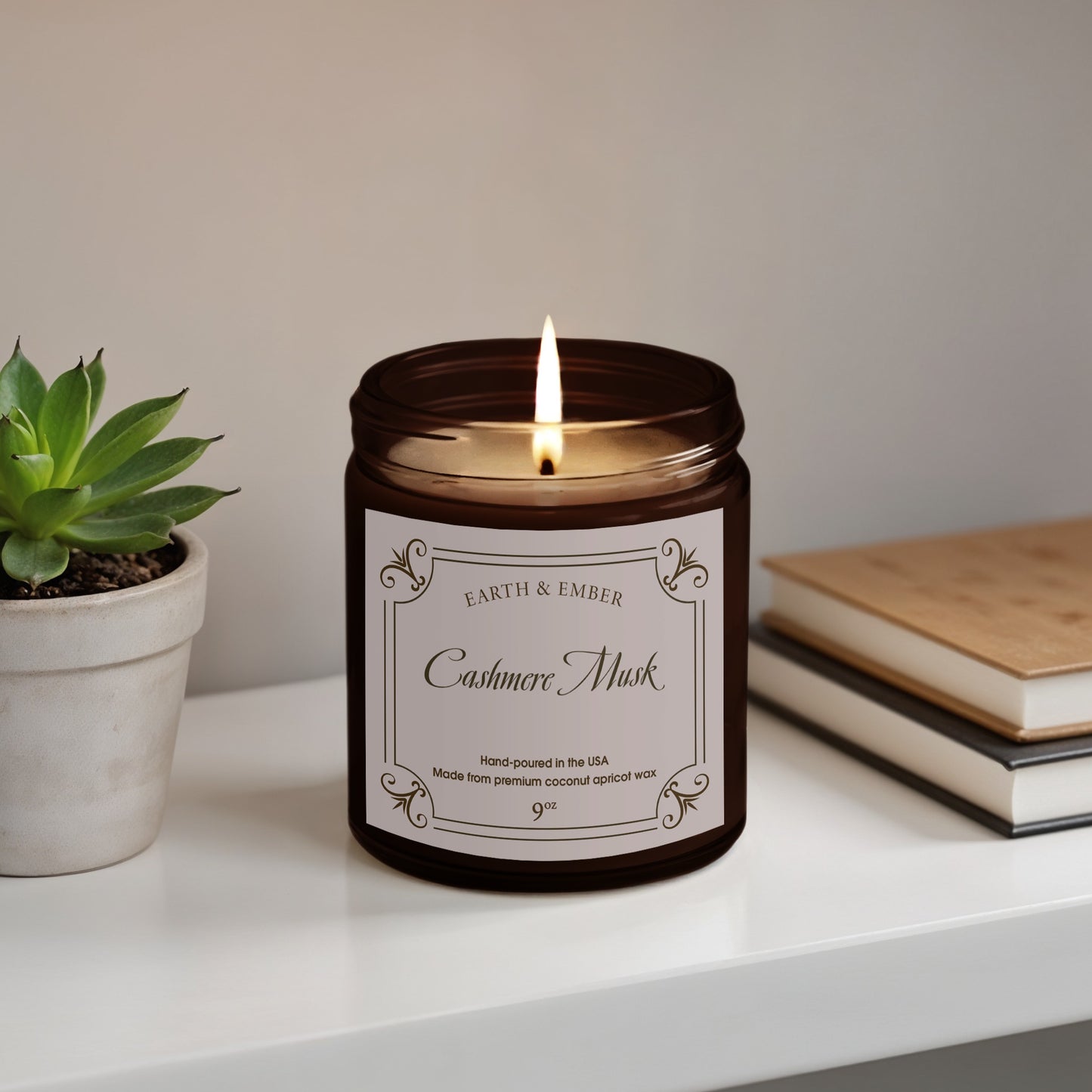 Cashmere Musk scented candle 9oz in elegant amber jar with soft musk fragrance and clean, long-lasting burn.