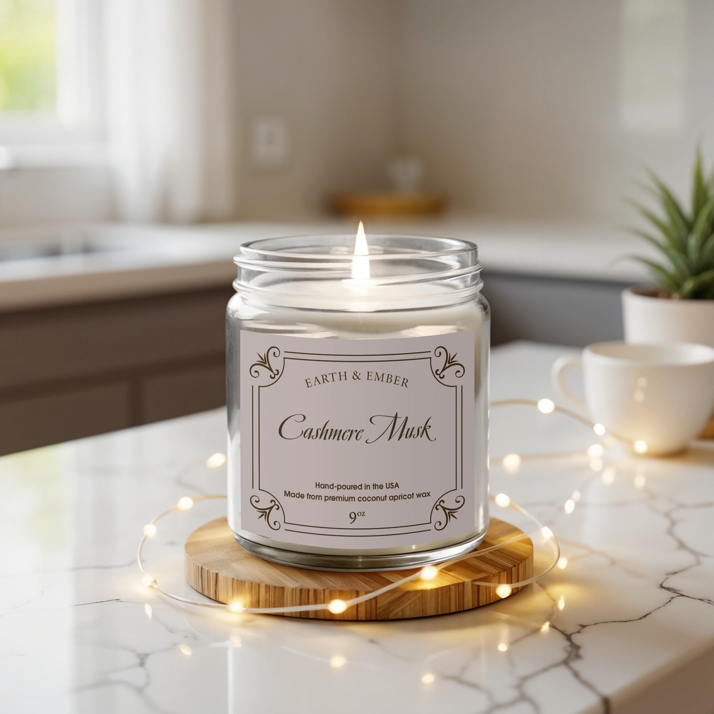 Cashmere Musk scented candle displayed with home elements and elegant accents for serene atmosphere.