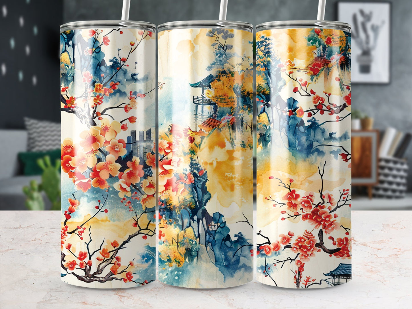 Cherry blossom tumbler on table, sleek 20oz stainless steel with delicate floral detailing