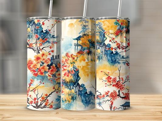 Cherry blossom tumbler with elegant floral design, 20oz stainless steel body for hot and cold drinks