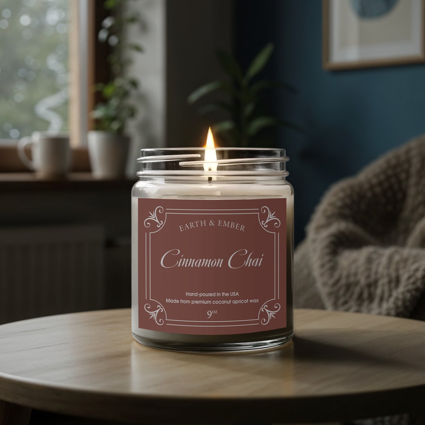 Cinnamon Chai scented candle glowing softly to create relaxing, comforting ambient light.