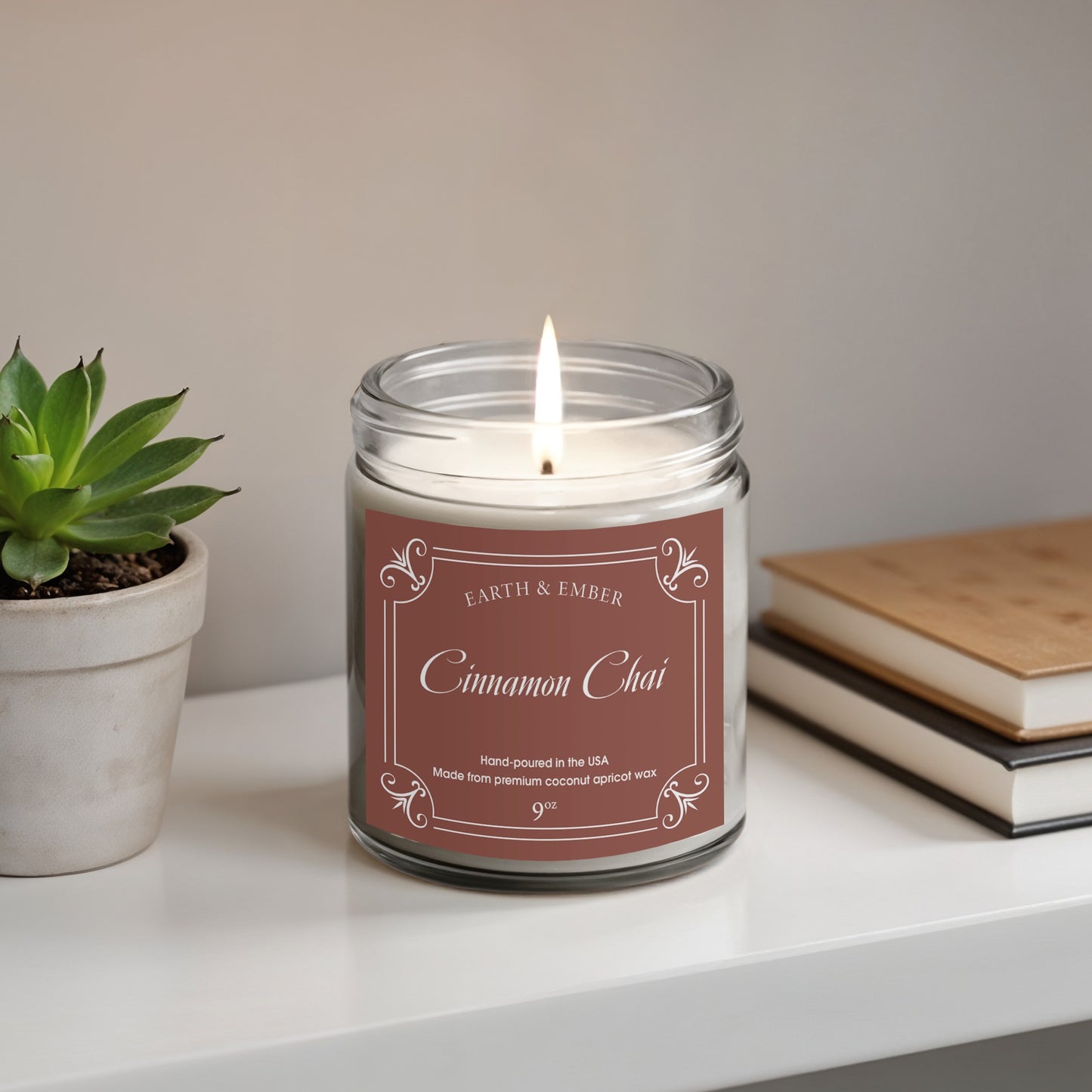 Cinnamon Chai scented candle styled as cozy home decor, adding warm and inviting fragrant ambiance.