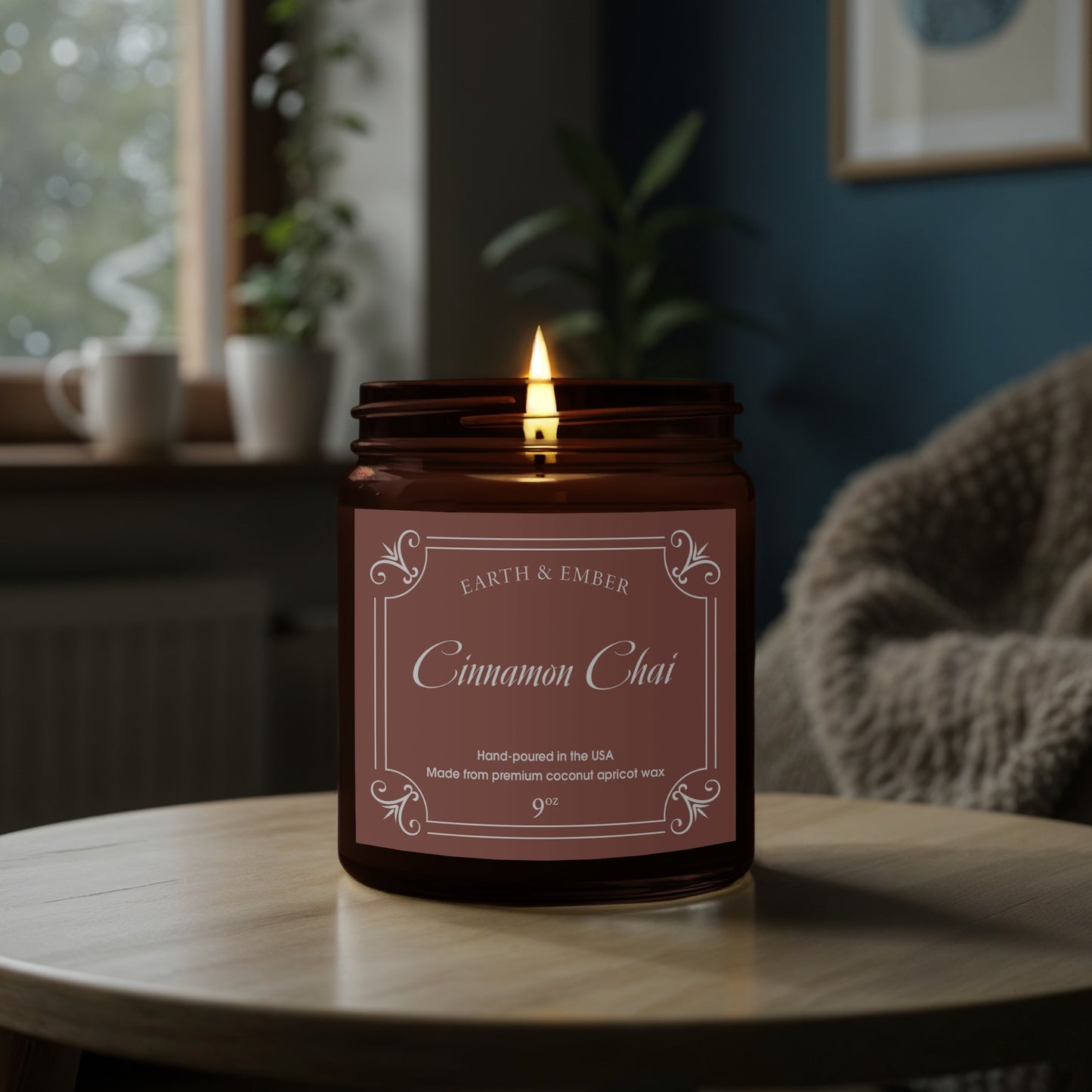Close-up of 9oz Cinnamon Chai scented candle wick and creamy wax highlighting rich, aromatic fragrance.