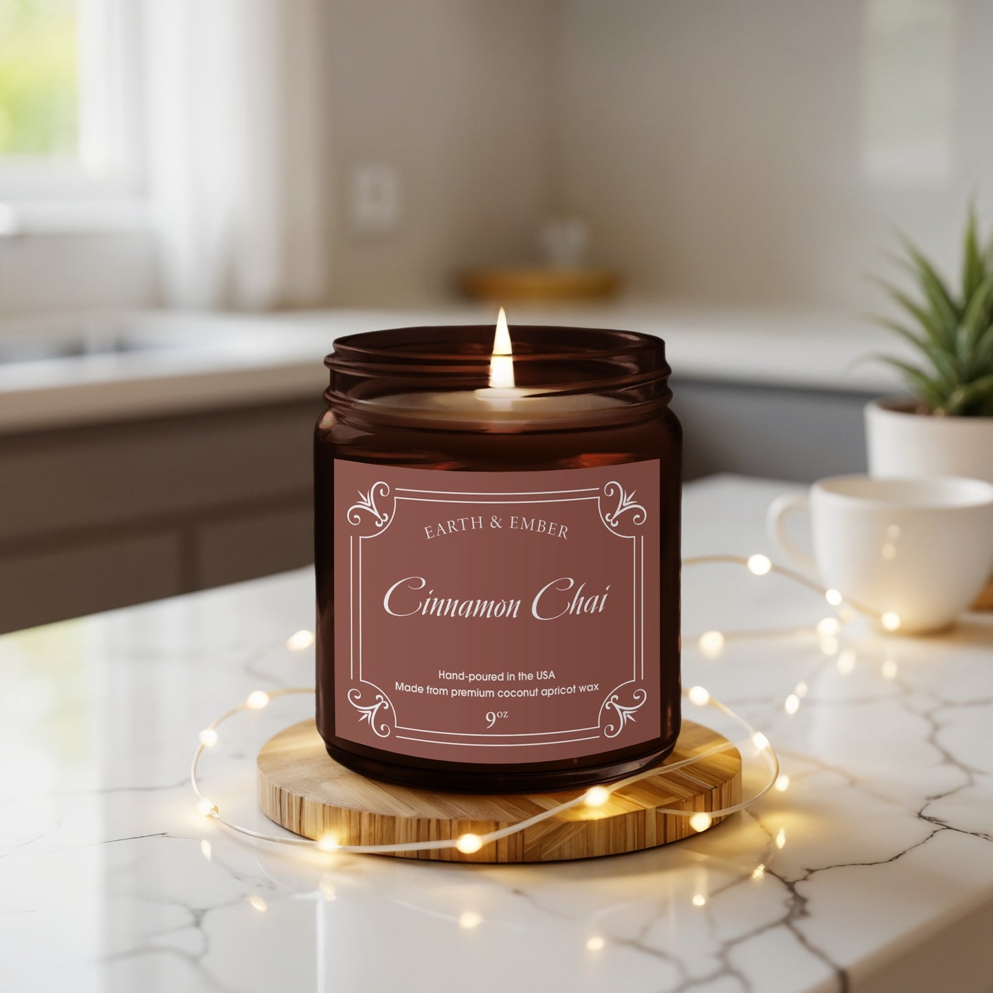Cinnamon Chai scented candle featured in cozy lifestyle setting with warm textiles and trendy home decor.