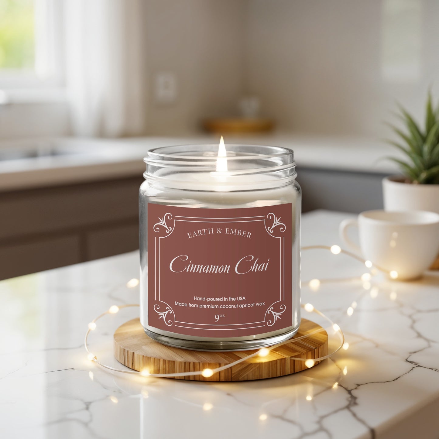Cinnamon Chai scented candle displayed with natural accents and inviting decor for fragrant home atmosphere.