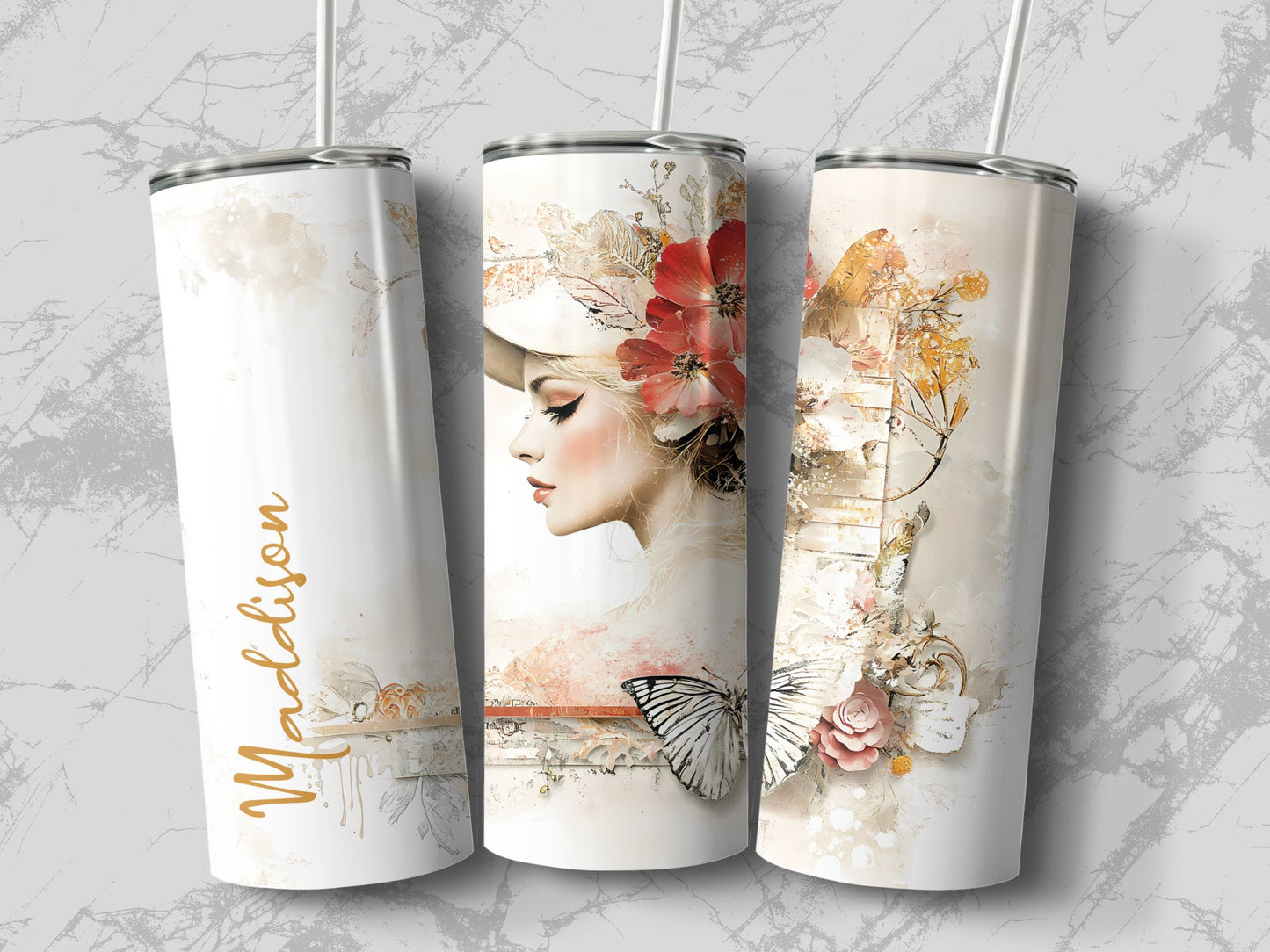 Elegant tumbler featuring vintage-style woman illustration, with BPA-free lid and double wall insulation