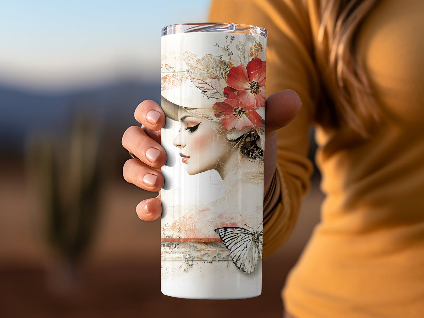 Custom tumbler in hand with classic scrap-book style woman, insulated for hot or cold beverages