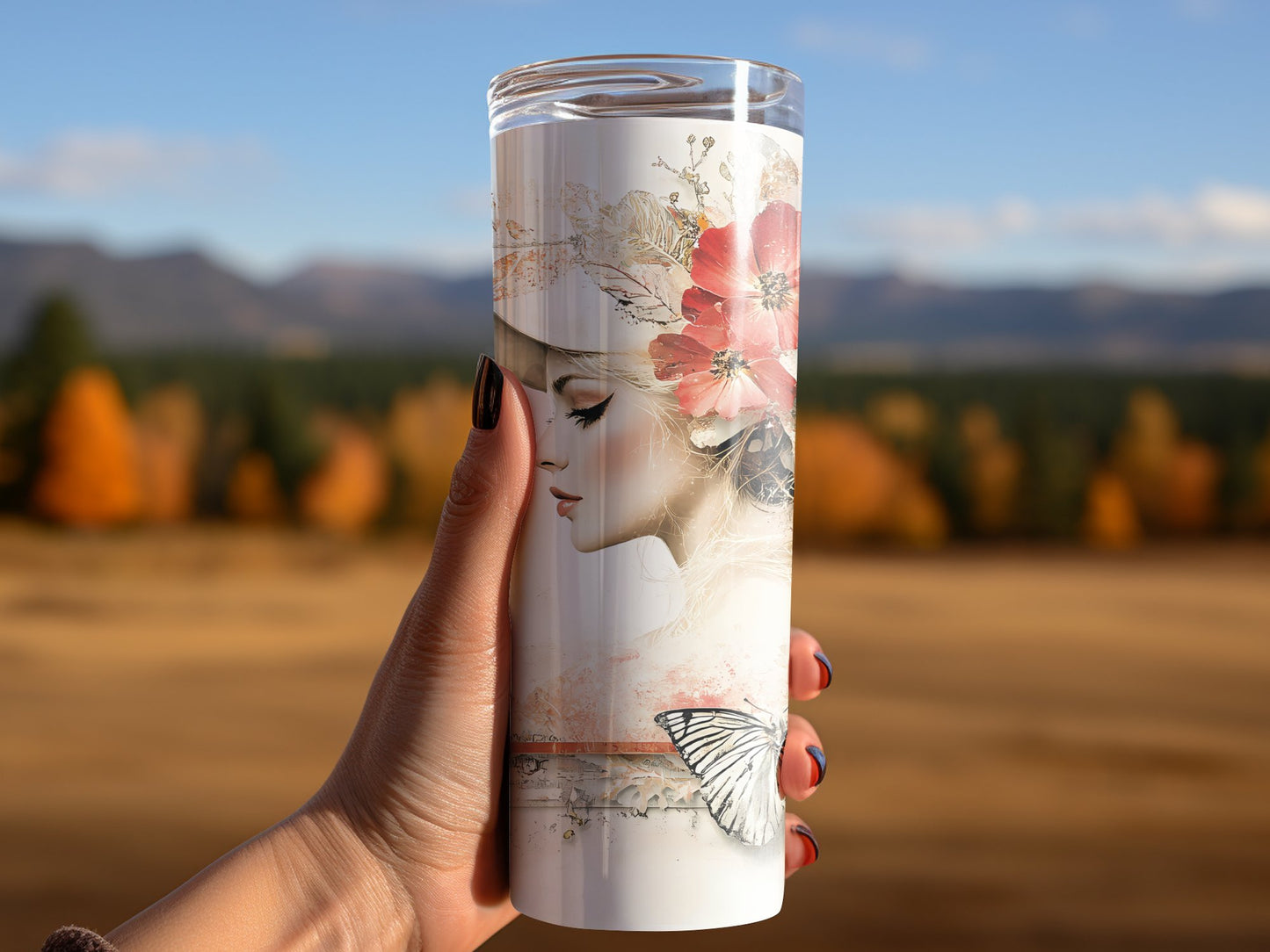Woman using vintage-themed tumbler, featuring retro design and straight skinny stainless steel body