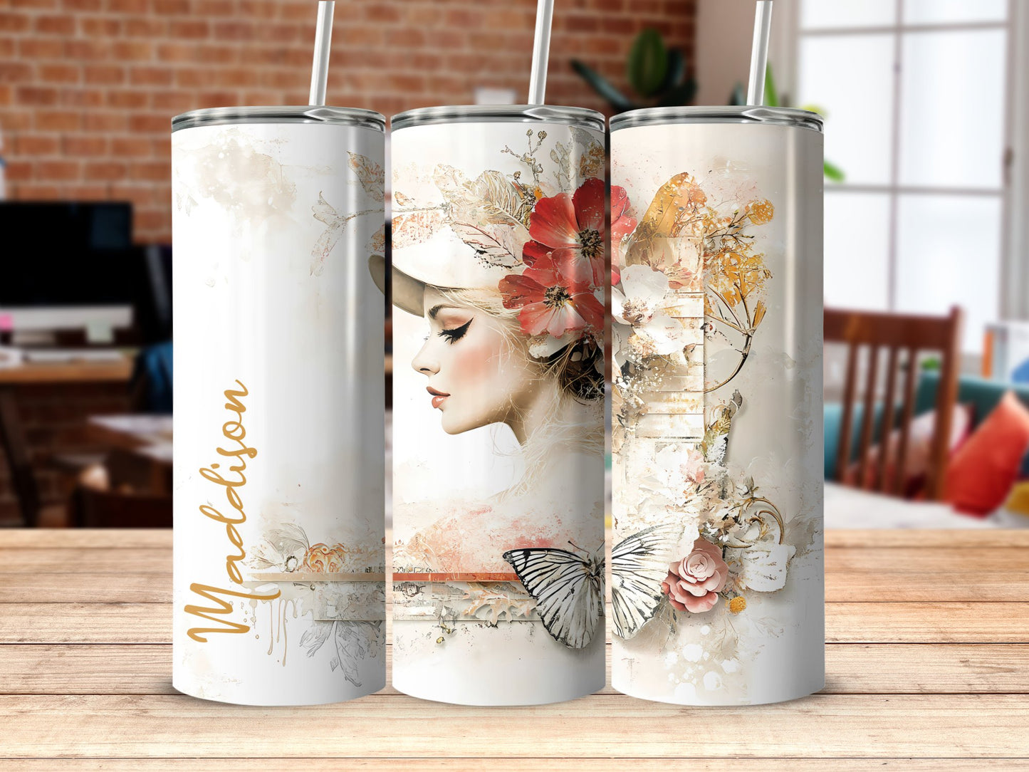 Classic woman tumbler on table, 20oz with metal straw and nostalgic collage-style print