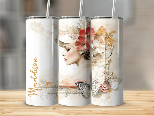 Classic woman custom tumbler with vintage scrap-book design, 20oz stainless steel for daily drinks