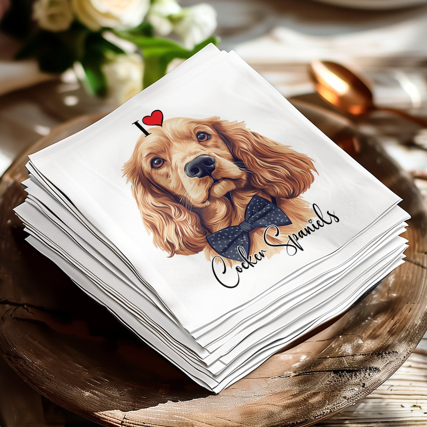 Add a canine touch to your event with Cocker Spaniel napkins, single-sided print, perfect for dog-themed parties.