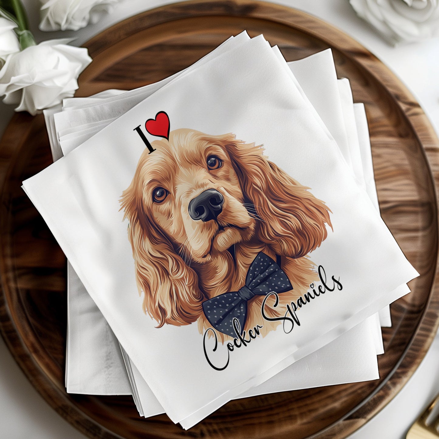 Cocker Spaniel napkins, 3-ply tissue, soft and durable for serving drinks and food at pet-inspired events.