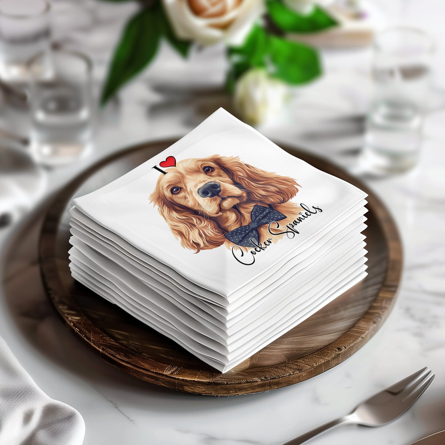 Cocker Spaniel napkins, 3-ply tissue, single-sided design, perfect for dog lovers and pet-themed parties.