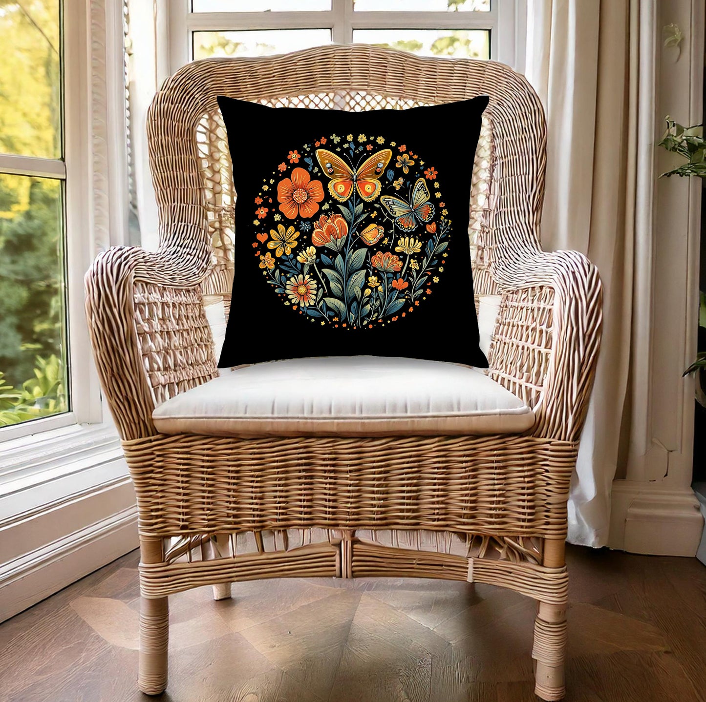 Artistic Colourful Butterfly throw cushion with concealed zipper, designed for sofas, chairs, and cozy living spaces.
