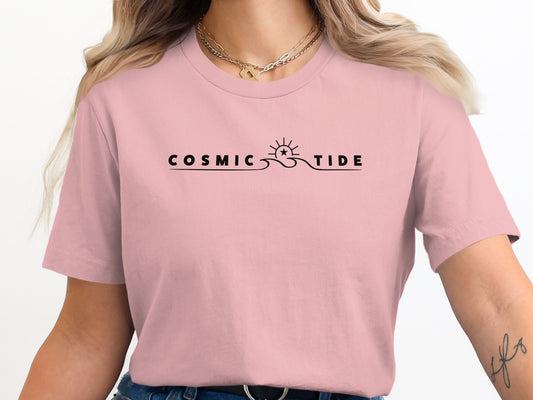 Cosmic Tide Tee in pink, breathable cotton crew neck shirt with short sleeves, perfect for casual wear
