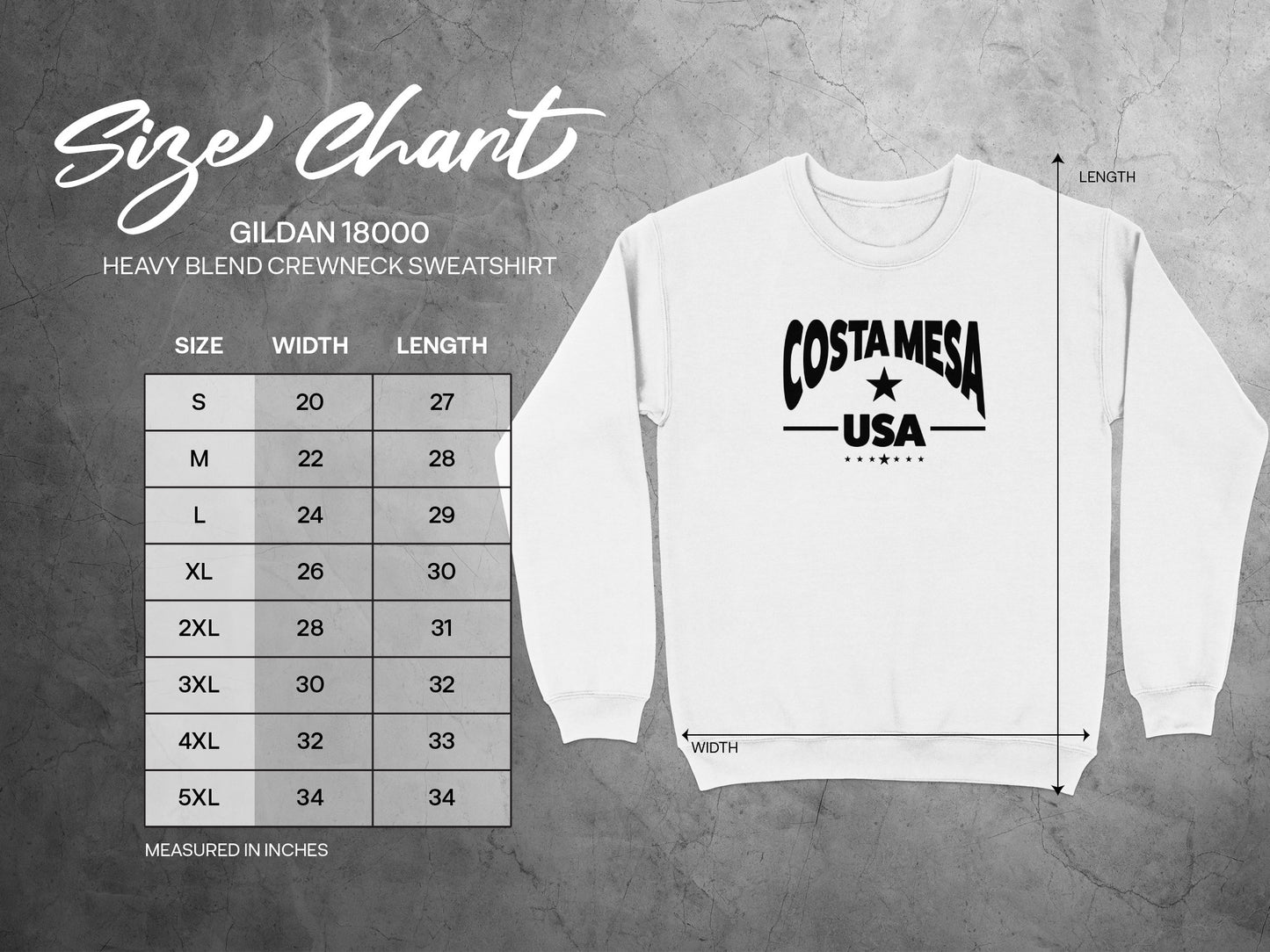 Unisex sweatshirt size chart showing chest width and body length measurements for an accurate, comfortable fit.