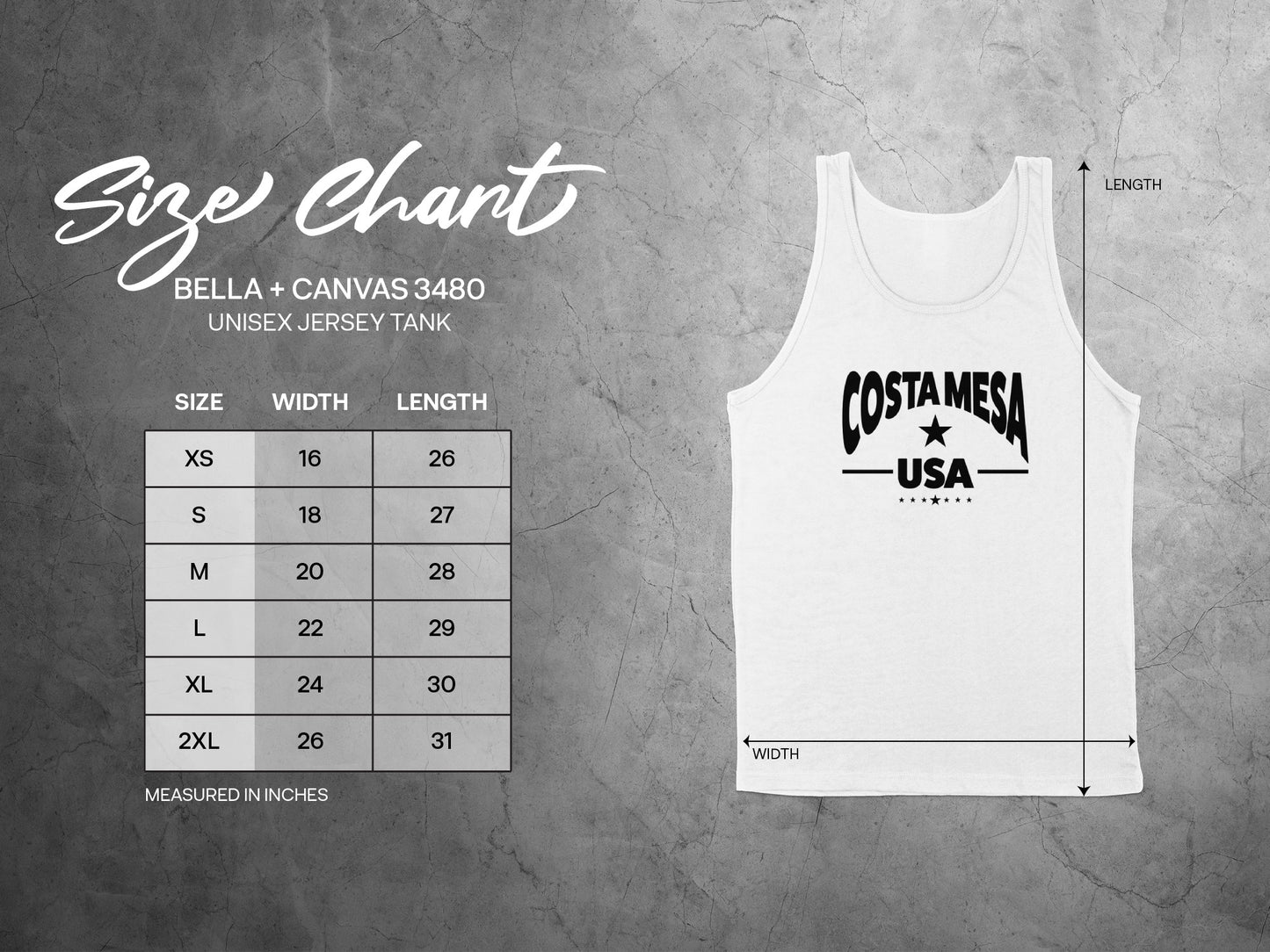 Unisex tank top size chart, showing chest width, body length, and measurements for accurate relaxed fit.