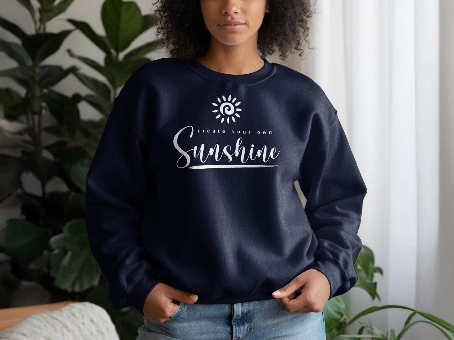 Navy blue Create Your Own Sunshine pullover featuring inspiring quote and soft fleece interior, casual relaxed unisex fit.