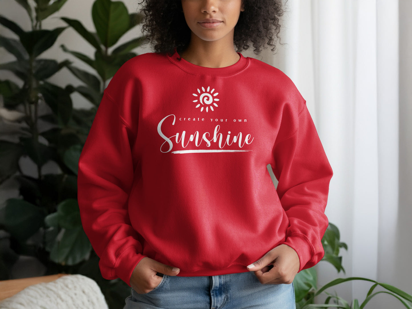 Red Create Your Own Sunshine pullover sweater with cozy interior and uplifting statement slogan design for comfort and style.