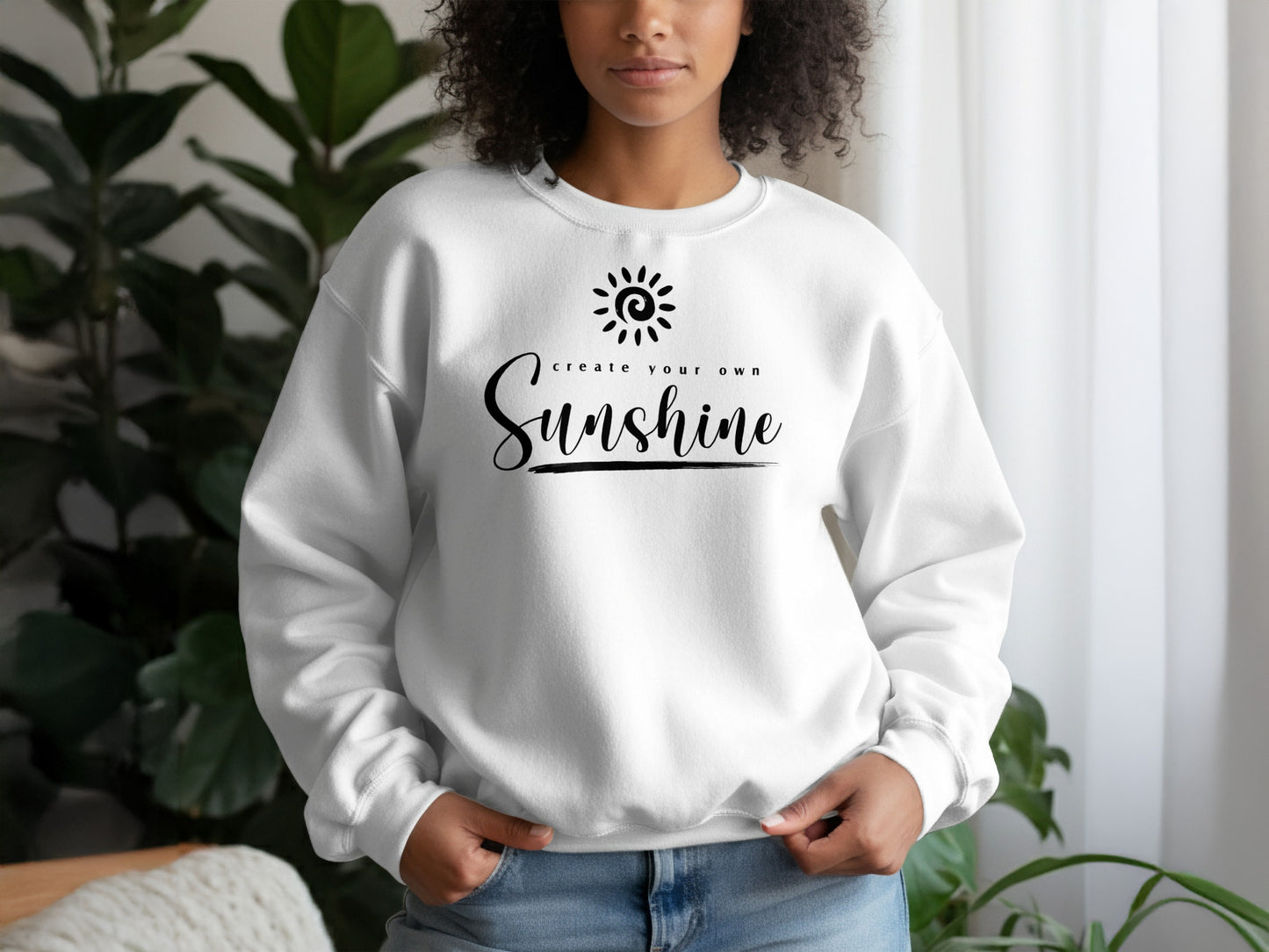 White Create Your Own Sunshine casual sweatshirt with brushed lining and motivating design for daily comfort.