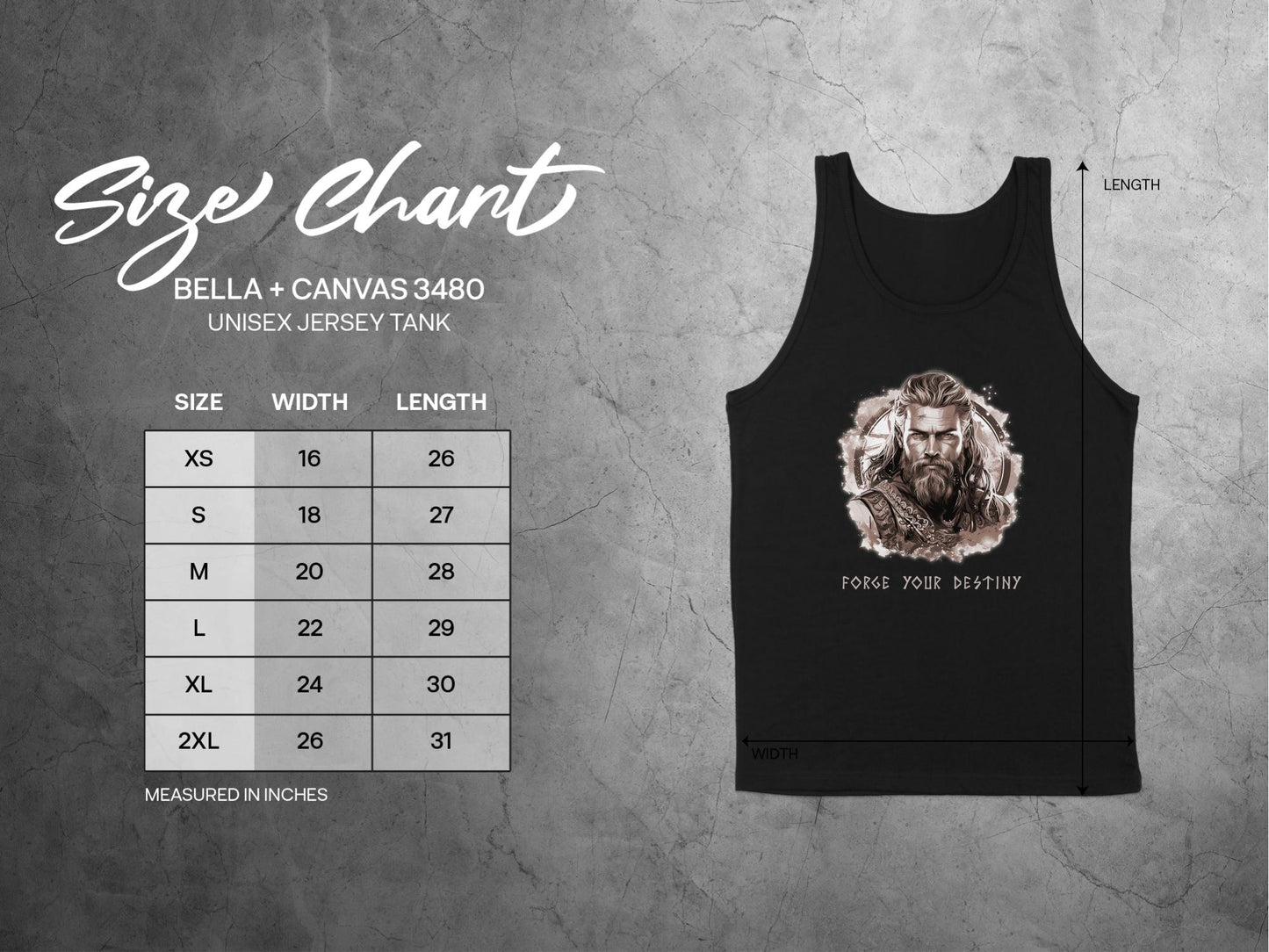 Destiny Tank Top size chart S–2XL with chest width and length measurements for a relaxed unisex fit.