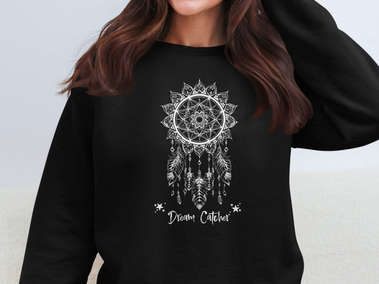Black Dream Catcher Sweatshirt, unisex crew neck with seamless body, cotton blend, and relaxed fit for everyday wear.