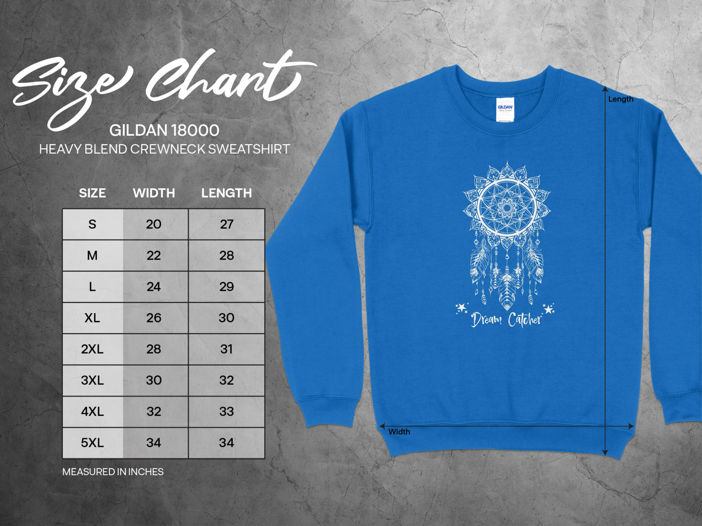 Dream Catcher Sweatshirt size guide S–3XL with chest width, body length, and sleeve length for unisex fit accuracy.