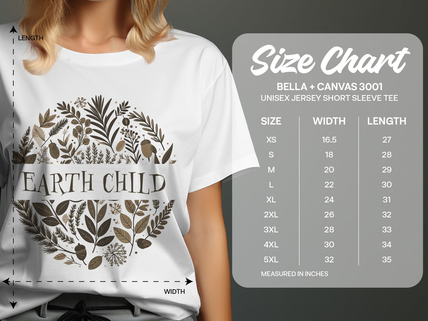 Size chart for Earth Child T-Shirt showing chest width, length, and fit details to help choose the perfect size small to 3XL.