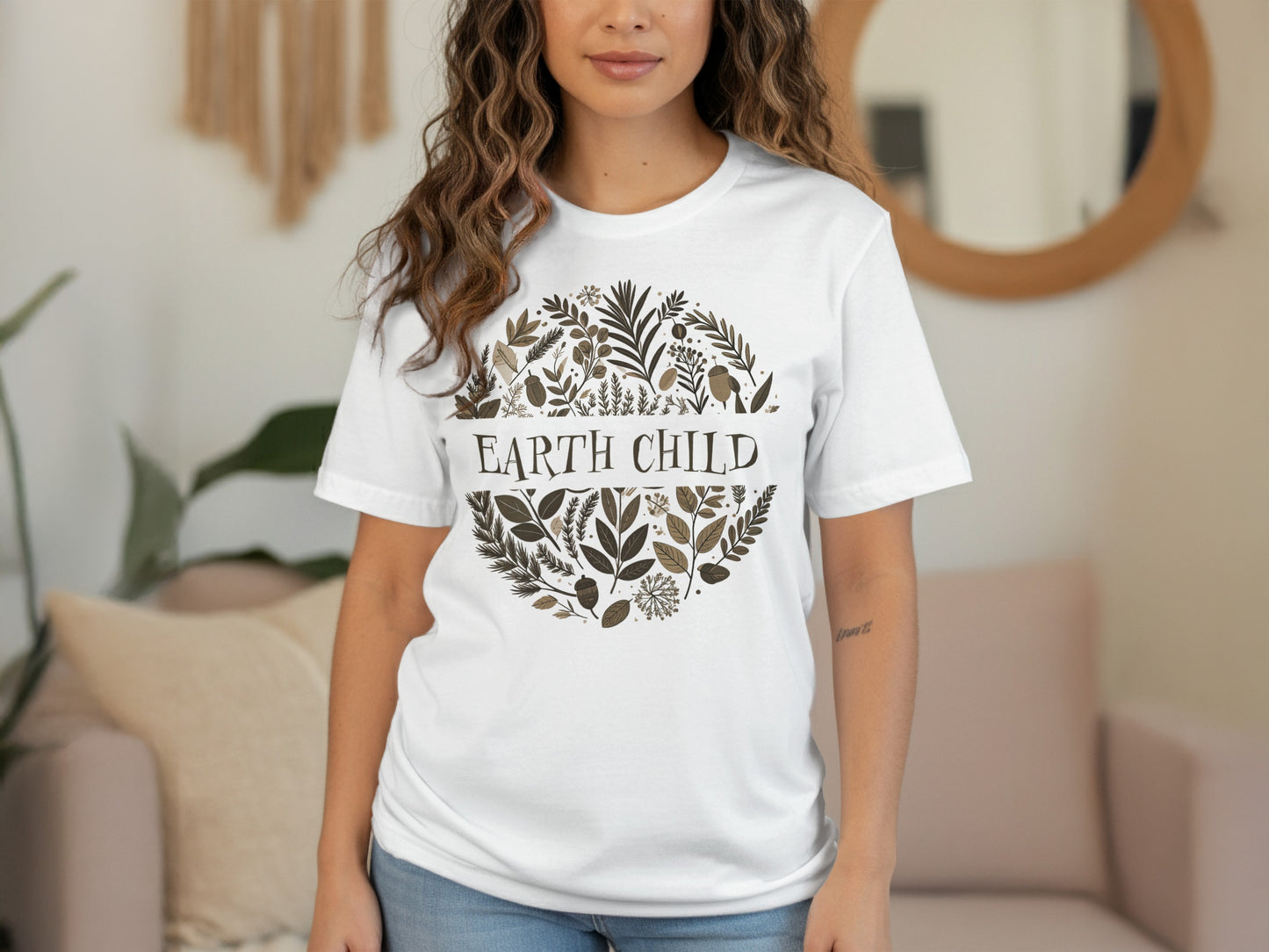 White Earth Child T-Shirt, styled with neutral tones, short sleeves, and crewneck for a grounded, boho-inspired look.