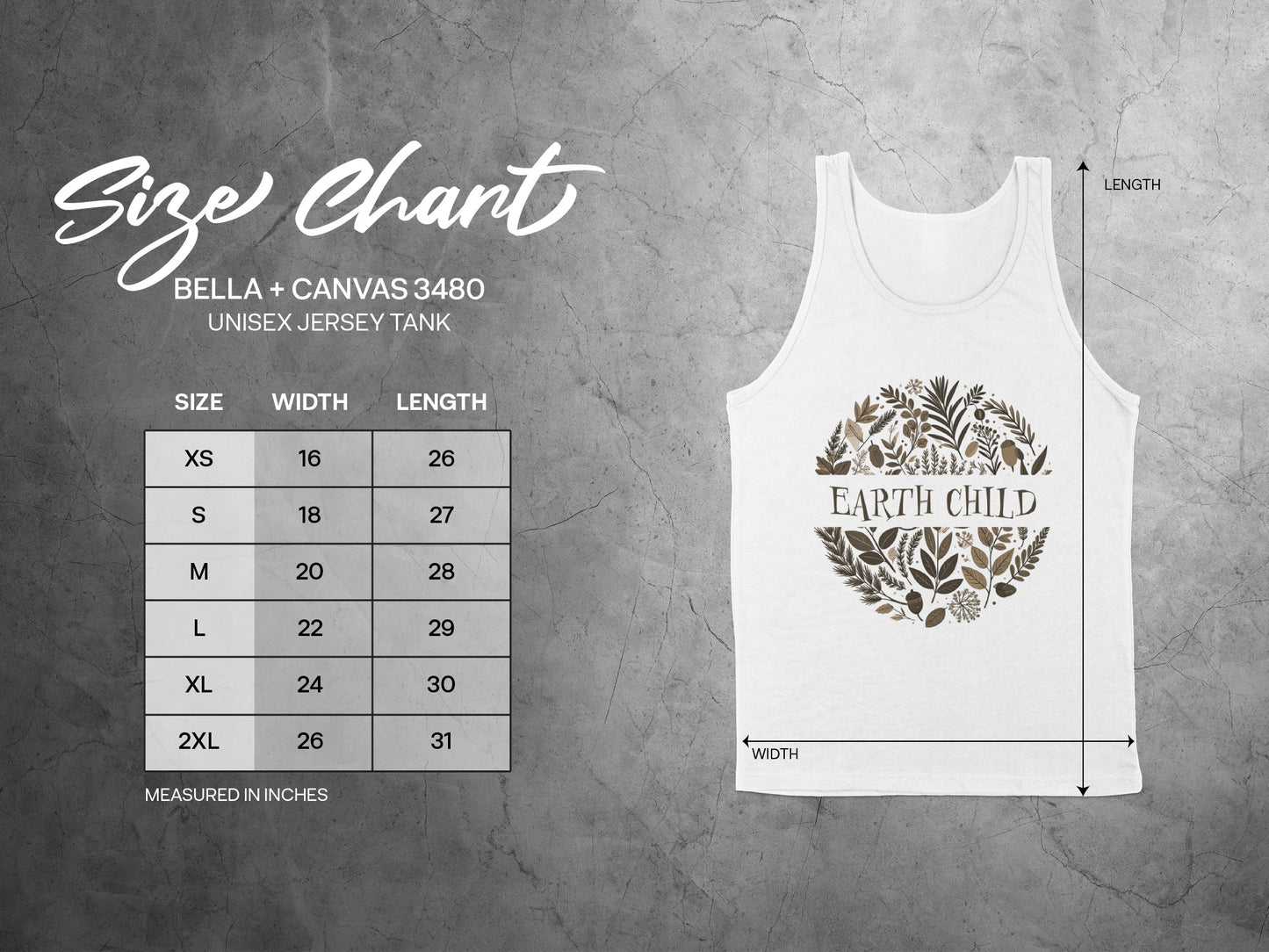 Earth Child sleeveless tank top size chart showing chest width, length, and fit guide for all sizes small to 3XL.