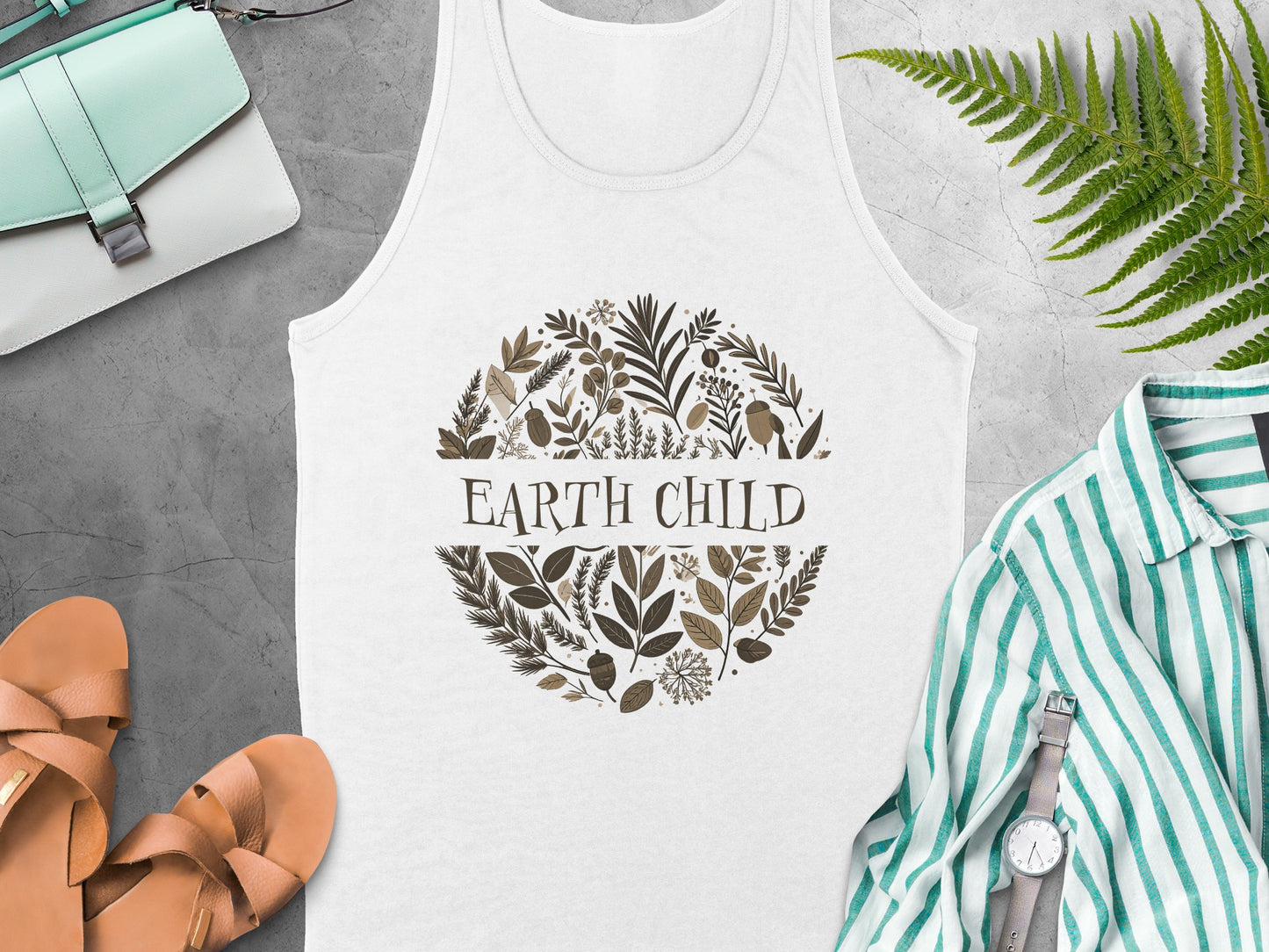 Earth Child tank top in soft cotton with sleeveless cut, relaxed fit, and nature-inspired print for everyday wear.