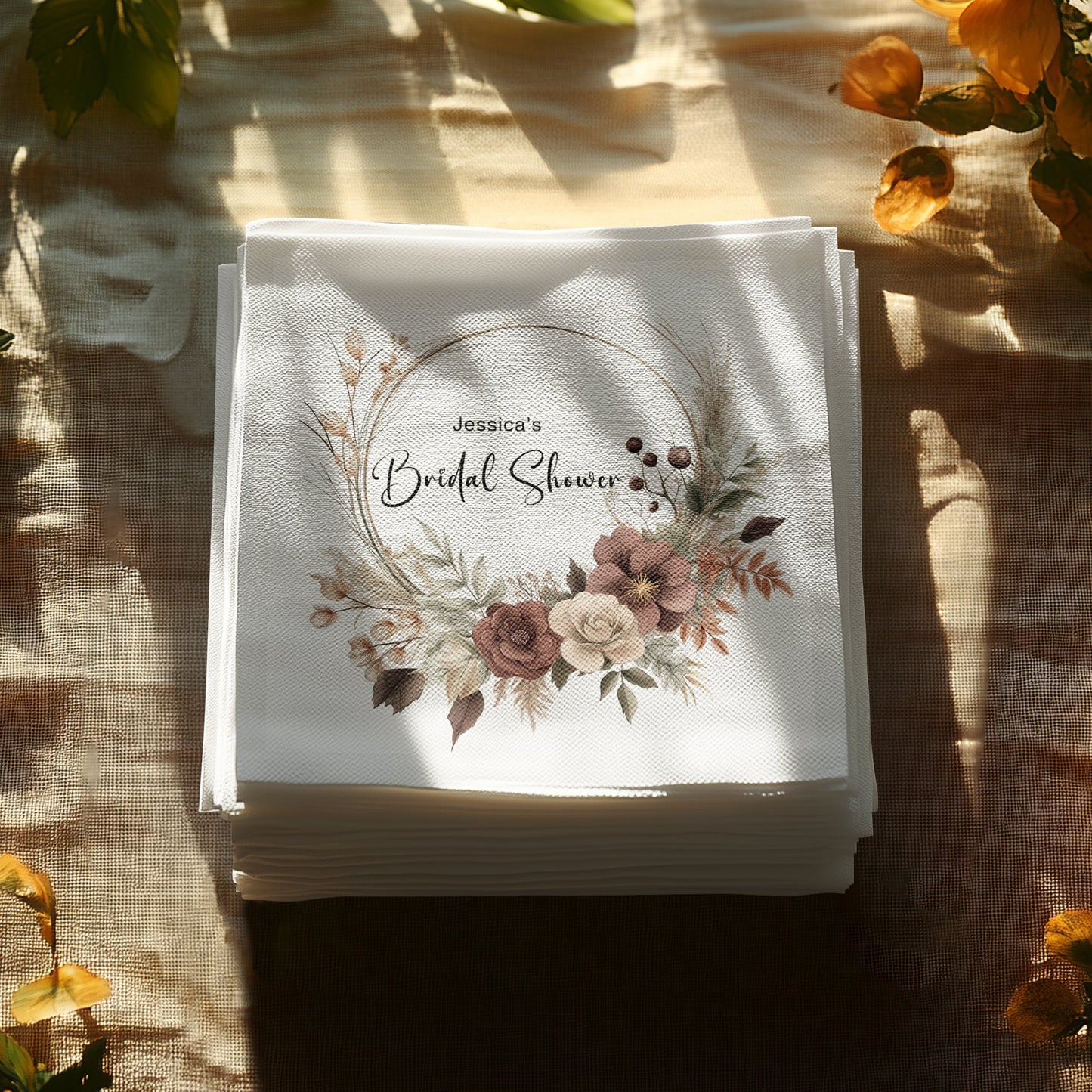 Elegant custom napkins for bridal showers, 3-ply tissue, perfect for guests and party refreshments.