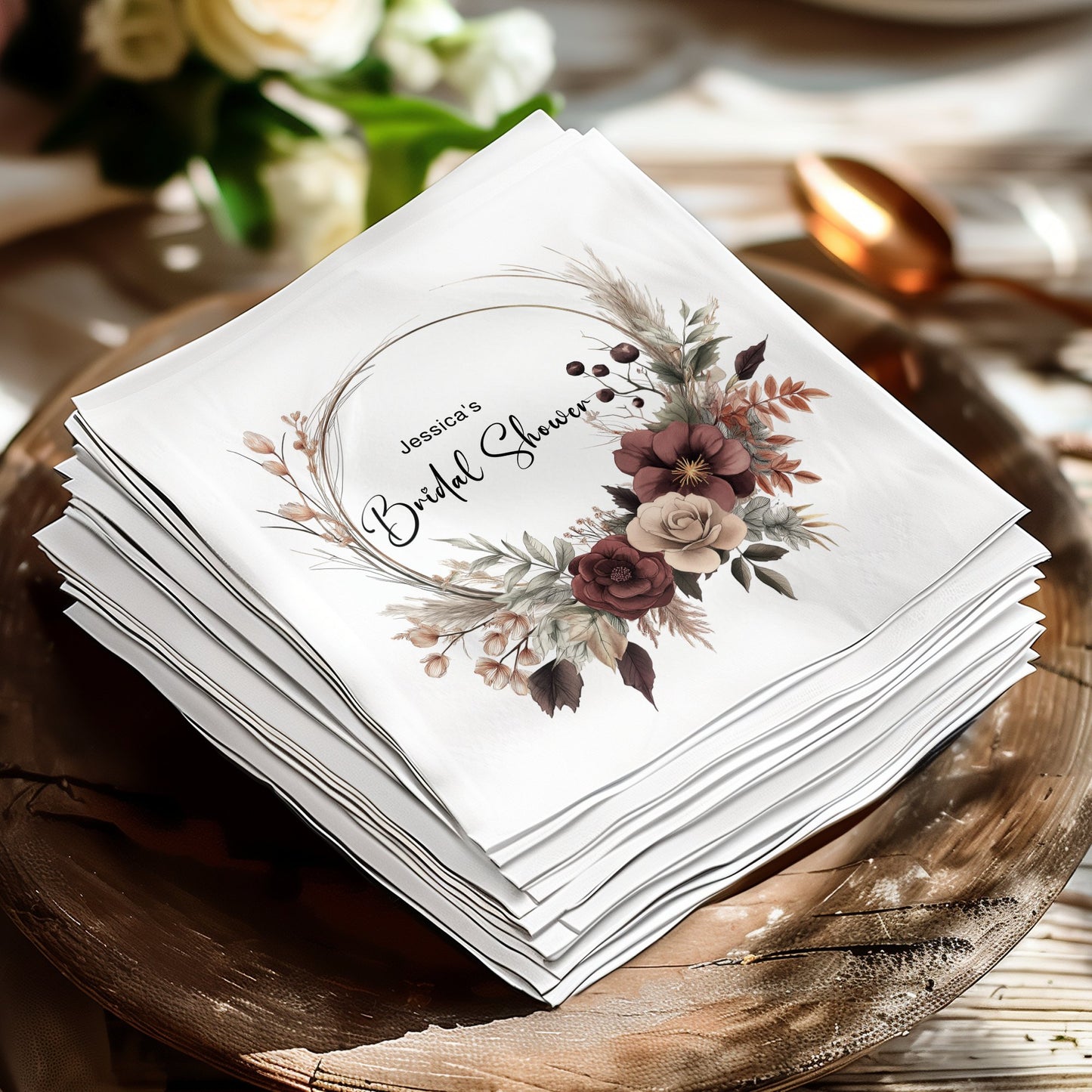 Stylish custom bridal shower napkins, premium 3-ply tissue, ideal for beverages and hors d'oeuvres.