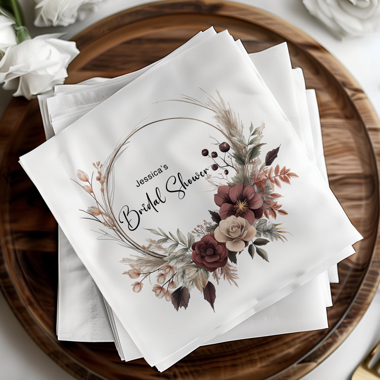 Elegant custom bridal shower serviettes, single-sided print, perfect for adding a personal touch to your celebration.